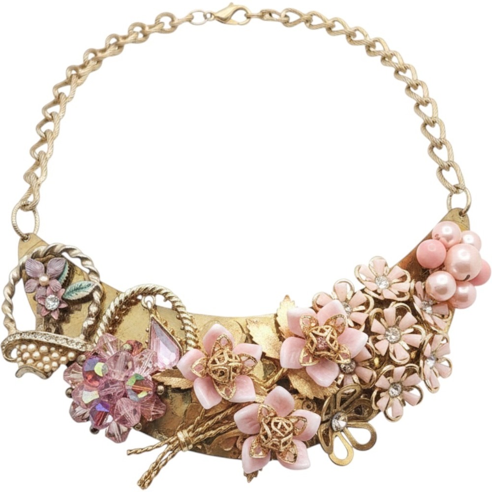 Artisan Upcycled Vintage Pink Floral Rhinestone Statement Bib Necklace OOAK 18"